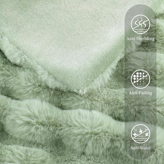 Faux Rabbit Fur Throw Blanket for Couch, Fluffy Warm Plush Thick Bubble Blanket for Bed Sofa Living Room, Soft Cozy Furry Blanket, 60x80 inches, Sage Green
