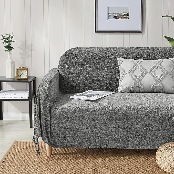 BOURINA Chenille Fluffy Throw Blanket with Decorative Fringe for Couch Cover Sofa Chair Blanket（50×60 Inches） Dark Grey