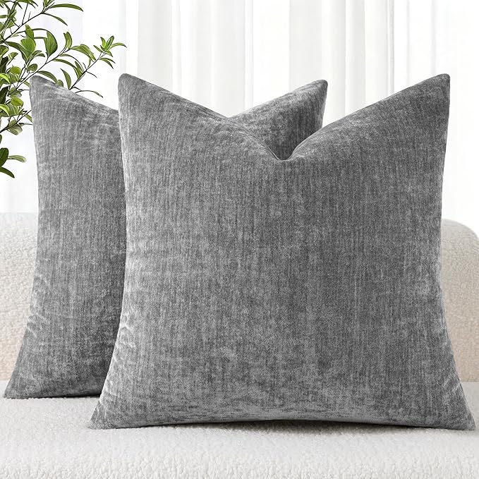 decorUhome Chenille Dark Grey Throw Pillow Covers 20x20 Inch Set of 2, Decorative Soft Couch Pillow Covers Solid Dyed Accent Velvet Farmhouse Neutral Square Pillow Cases for Sofa Bed Living Room