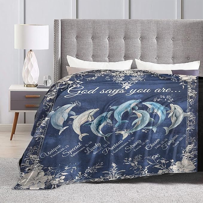 Dolphin Throw Blanket God Says You are Soft Warm Cozy Christian Scripture Dolphins Blankets Religious Bible Verse Fuzzy Plush Fleece Dolphin Blanket Nautical Ocean Gifts for Home Decor 40''X50''