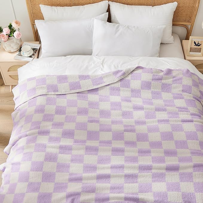 JOOJA Soft Cozy Checkerboard Lilac Blanket Fluffy Knit Throw Blanket for Couch Plaid Checkered Blanket Lilac 50x60 in