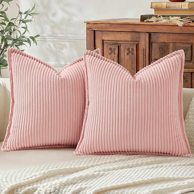 Mecatny Corduroy Spring Throw Pillow Covers 18x18 Set of 2, Neutral Decorative Soft Boho Couch Pillow Covers with Broadside for Sofa Living Room, Pink