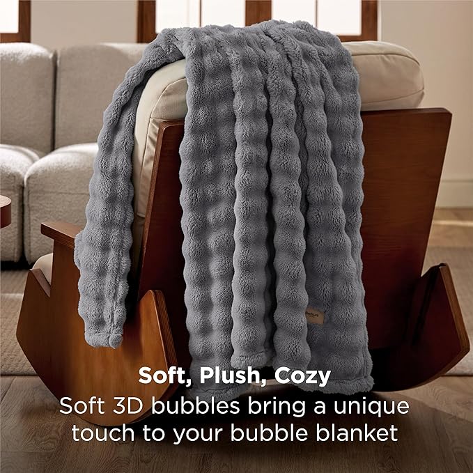 Bedsure 3D Fleece Bubble Blanket for Couch - GentleSoft Grey Throw Blanket for Sofa Bed Room Decor - Luxury Soft Cozy Gifts for Women, Lightweight, All Seasons, Grey, 50"×60"