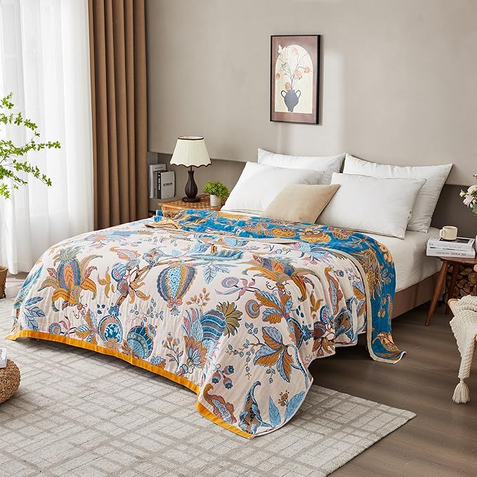 Boho Throw Blanket for Bed,100% Organic Cotton Throw Blankets for Bedroom,Living Room,4-Layer Breathable Muslin Blankets for Adults,Beige and Blue, 60"x80"
