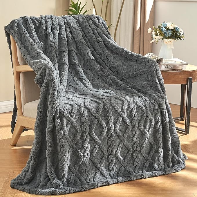 KMUSET Dark Grey Fleece Throw Blanket for Couch Sofa, 60 x 80 Inches Soft Lightweight 3D Jacquard Weave Pattern Blanket