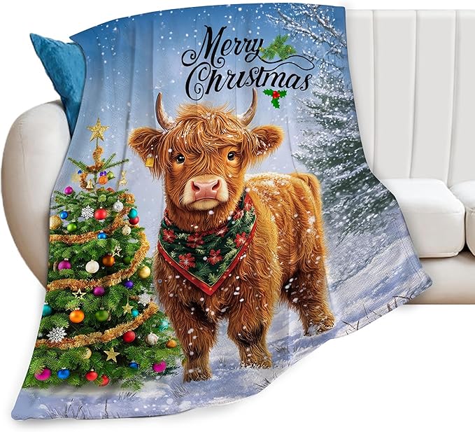 Christmas Highland Cow Blanket Cow Gifts Warm Cozy Cow Print Throw Blanket Soft Lightweight Fleece Plush Fuzzy Blanket for Girls Women Kids Aults Bed Decor 60"X80"