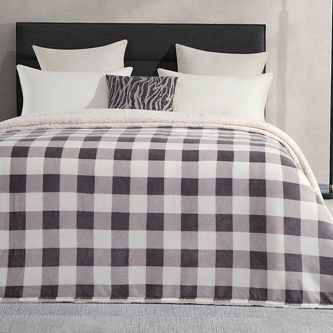 Elegant Comfort Ultra Soft Reversible Buffalo Plaid Flannel Sherpa Blanket - Cozy Silky Checkered Fleece Throw for Couch, Bed - Plush Fuzzy Warm Winter Blanket for Gift, Queen, Gray