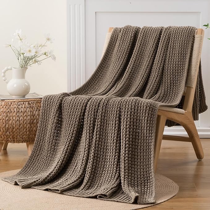 Bunnikins & Clover Knitted Waffle Throw Blanket 50x60 Inches, Camel Tan Throw Blanket for Couch, Tan Blanket Fluffy Cozy Knit Soft Throws for Women Mothers Birthday Gifts