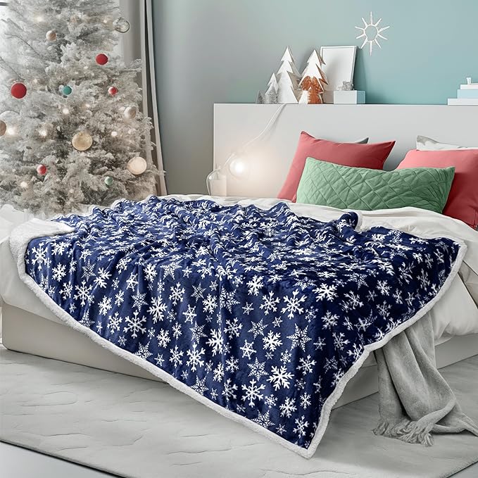 PAVILIA Blue Snowflake Christmas Sherpa Throw Blanket, Reversible Fleece Sherpa Cozy Holiday Blanket 60x80, Soft Winter Throw for Couch & Bed, Plush for Family Friends