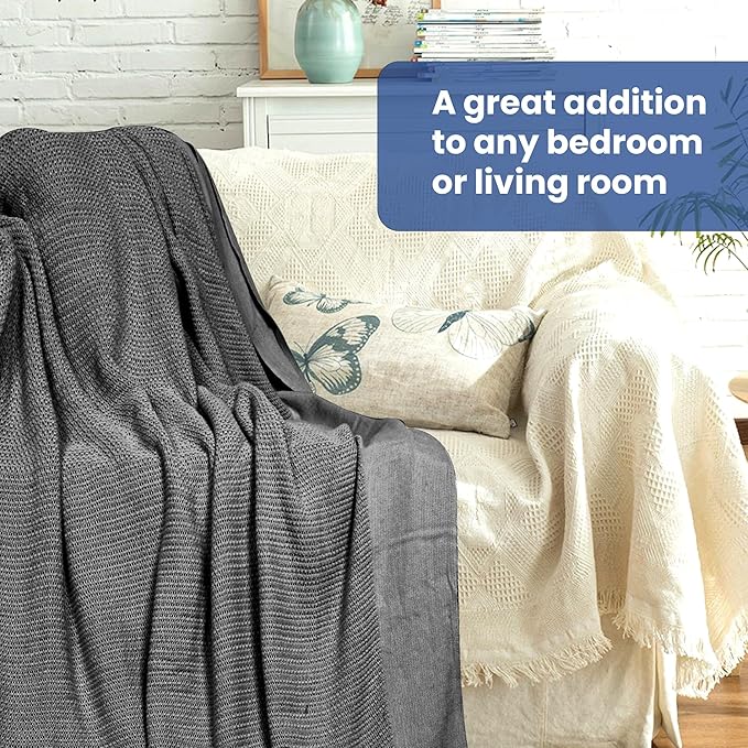 Linteum Textile Supply Leno Weave Light Grey Blanket, Queen 100% Cotton, Lightweight, Warm, Fluffy, Premium and Durable Soft & Cozy Bed Blanket for Home, Couch, Sofa & Dorm, All Season Throw [90x90]