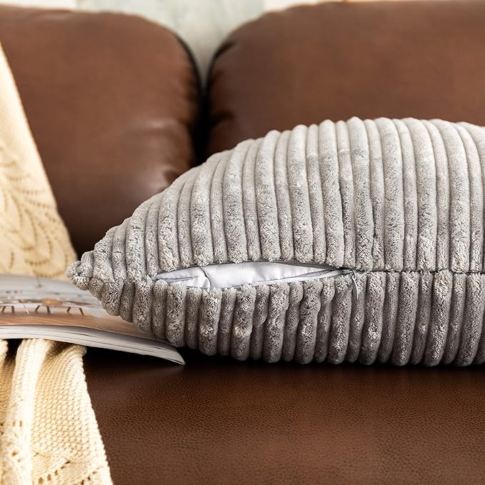 UGASA Pack of 2, Velvet Pillow Covers Striped Decorative Throw Cushion Case with Hidden Zipper for Home Couch/Bedroom/Car, Soft Cozy Solid Square (20"x20", Light Grey)