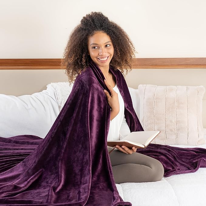 Berkshire Blanket Classic VelvetLoft® Solid Bed Blanket, King Size Bed Blanket, Lightweight Soft Fuzzy Plush Blanket for Bed and Couch, Eggplant Purple, 90x108 Inches