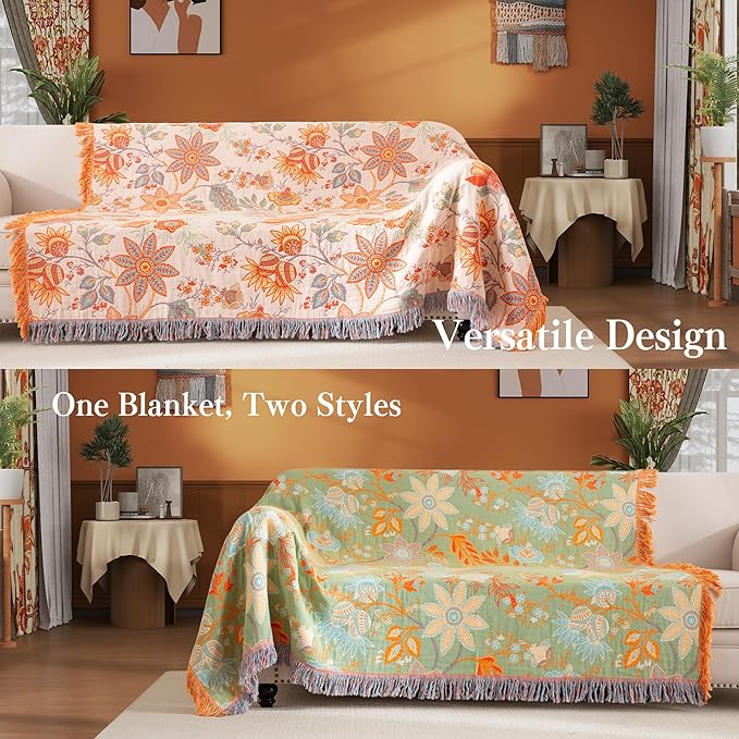 Boho Throw Blanket Throw Size, Soft Cozy Cotton Muslin Quilt Blanket for Bed Decor, Bird Patterned Couch Sofa Chair Cover, Vintage Farmhouse Cottage Tapestry Woven Blanket, Coral&Green