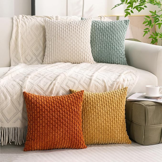 Set of 4 Yellow Rust Aqua Decorative Throw Pillow Covers 22x22 Inch Corduroy Pillow Covers for Bed Couch Sofa Living Room Soft Square Cushion Cases