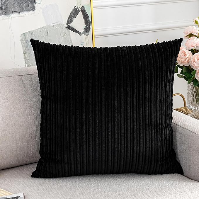 UGASA Corduroy Striped Soft Soild Decorative Square Throw Pillow Covers Set Cushion Cases Pillowcases for Sofa Bedroom, 1 Pc, 24x24inch, Black