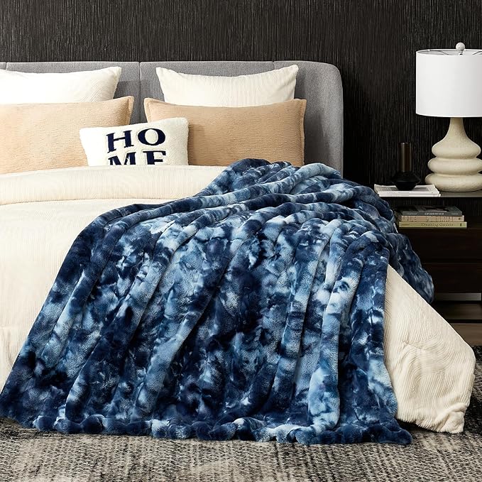 Cozy Bliss Deluxe Striped Rabbit Faux Fur Throw Blanket, Soft Fluffy Warm Plush Blanket for Winter, Modern Homr Decor, Tie-dye Blue 50"x60"