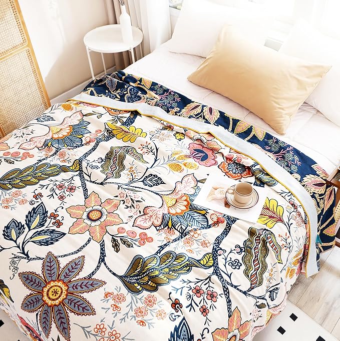 Scientific Sleep Boho Flower Farmhouse Retro Floral 100% Cotton Muslin Blanket Throw Cover Bed Couch Sofa Cozy Soft Reversible Bedding Blanket Quilt Bedspread Coverlet Twin 60 in x 80 in