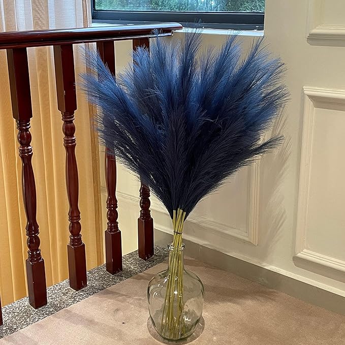 Blue Pampas Grass, 9 PCS 37''/3.1FT Tall Fluffy Fake Pompas Floral, Large Faux Pompous Grass Branches for Floor Vase Fillers, Boho Farmhouse Room Wedding Decor (Blue)