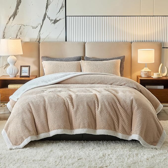 Luxury Flannel Fleece Sherpa Blankets Queen Size for Bed, Jacquard Boho 3-Layer Thick and Warm Blanket for Winter, Soft Cozy Fuzzy Plush Velvet Blanket with 2 Pillow Cases, Khaki, 88x88 Inches