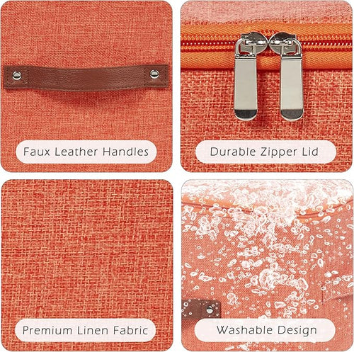 2 Pack Storage Bins with Zipper Lid Cotton Linen Fabric Lidded Storage Baskets Boxes Foldable Washable Closet Shelf Clothes Organizer Container with PU Leather Handles (Orange, Small)