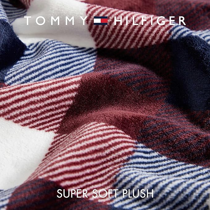 Tommy Hilfiger - Blanket, Ultra-Soft Plush Throw Blanket for Bed or Couch, Cozy Plaid Bedding with Solid Reverse & Tailored Hem, Medium Weight for Year Round Comfort (Derby Plaid Red, 50" x 70")