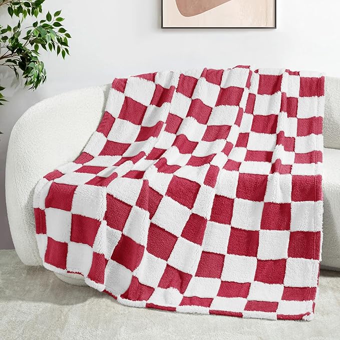 Exclusivo Mezcla Fleece Blanket Twin Size, Cozy Lightweight and Fuzzy Checkered Blankets for Couch or Bed, Suitable for All Seasons, Red, 60" x 80"