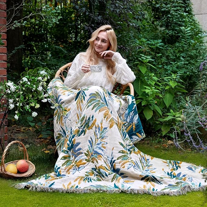 Boho Throw Blanket for Couch Sofa Chair Cotton Spring Blankets for Bedroom Living Room All Season Soft Lightweight Reversible Leaves Embroidery Decorative Throws 50"x60" Home Decor