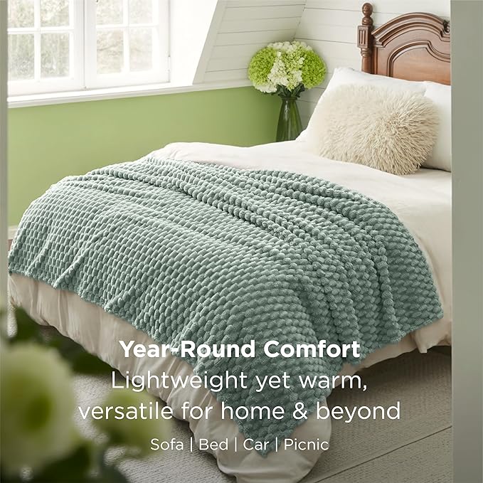 Bedsure Blanket Queen Size for Bed - 350GSM Fluffy Plush Bubble Blanket Queen Size for Home Room Decor, GentleSoft Cute Fleece Soft Cozy Gifts for Women Girls, Sage Green, 90x90 Inches
