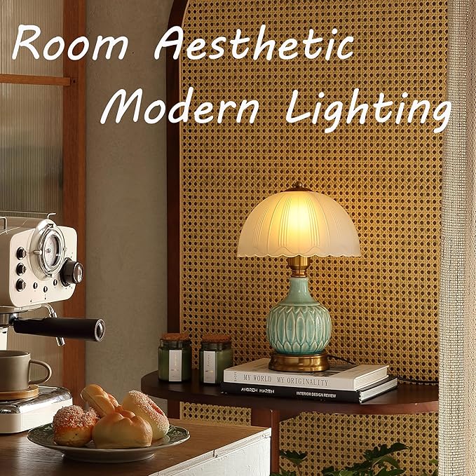 Vintage Table Lamp for Living Room,16" Mid Century Modern Ceramic Lamps for Bedroom,Retro Bedside Nightstand Mushroom Glass Lamps, Classic Chinoiserie Green Lamp for Home Decor (LD002)