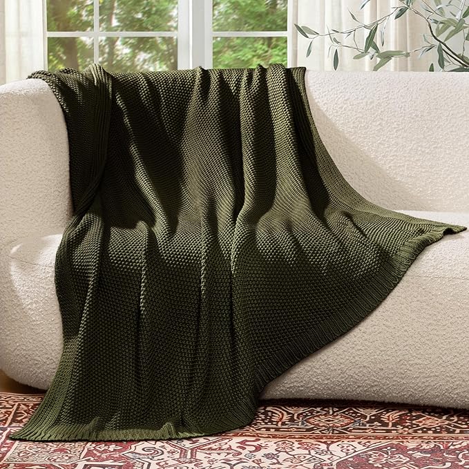 100% Cotton Cable Knit Throw Blanket, Lightweight Soft Knit Blanket for Sofa Couch Bed, Breathable All-Season Throw, Cozy Decorative Blanket, 50 x 60 Inch,Olive Green