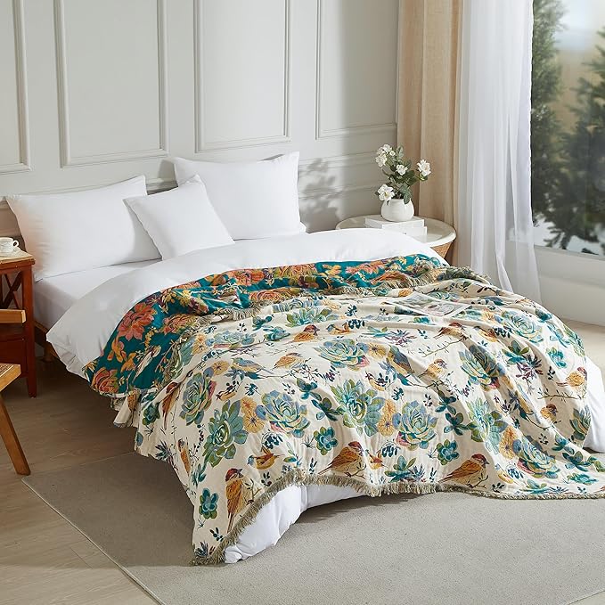 Boho Throw Blanket for Bed 60”x80”, 100% Cotton Woven Blanket for Couch Sofa, Ultra Soft 4-Layer Muslin Quilt with Floral Printed, Farmhouse Bed Blanket/Cover for Living Room Decor