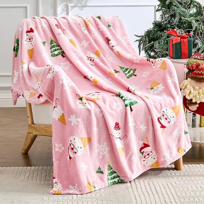 Christmas Blanket Soft Cozy Pink Throws with Snowman Snowflake Santa Claus and Xmas Trees Print, Fuzzy Warm Christmas Throw Blanket for Couch Bed Holiday Decorations Gifts 50"x60" (Pink)