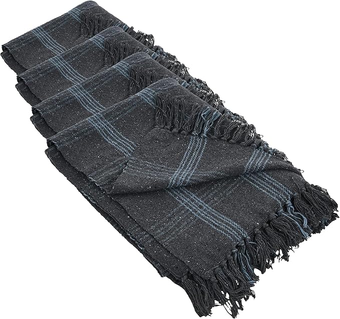 Creative Co-Op Recycled Cotton Blend Throw Blanket with Fringe, Grey Plaid (Pack of 4)