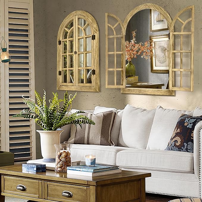 Window Mirrors for Wall Decor -Arched Wall Mirror Farmhouse Wall Decor Wood Frame Decorative Wall Mirrors Like Window for Bedroom, Living Room, Entrance, Dining Room