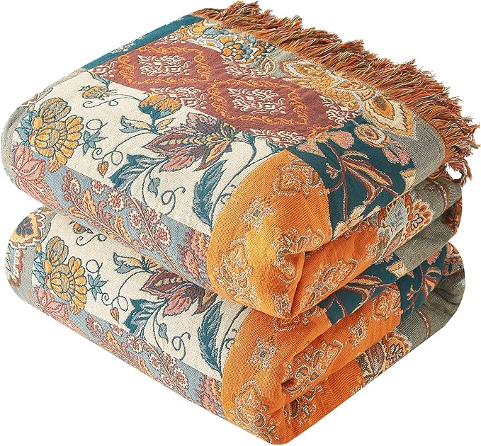 Boho Throw Blanket for Couch Sofa Bed, 100% Cotton Woven Quilt with Tassel 90”x98”, Super Soft Muslin Blanket with Floral Printed, Decorative Reversible Bed Blanket/Cover for All Seasons