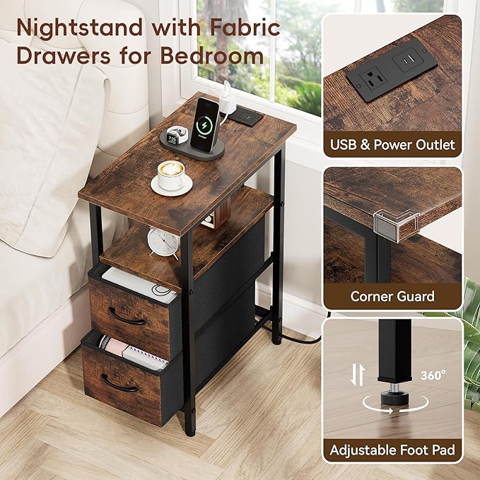 Vagusicc End Table with Charging Station Set of 2, Narrow Side Table, 23.8'' Tall Nightstand with 2 Drawers, Small Sofa Side Table Narrow Nightstand for Small Spaces Furniture, Bedroom, Rustic Brown