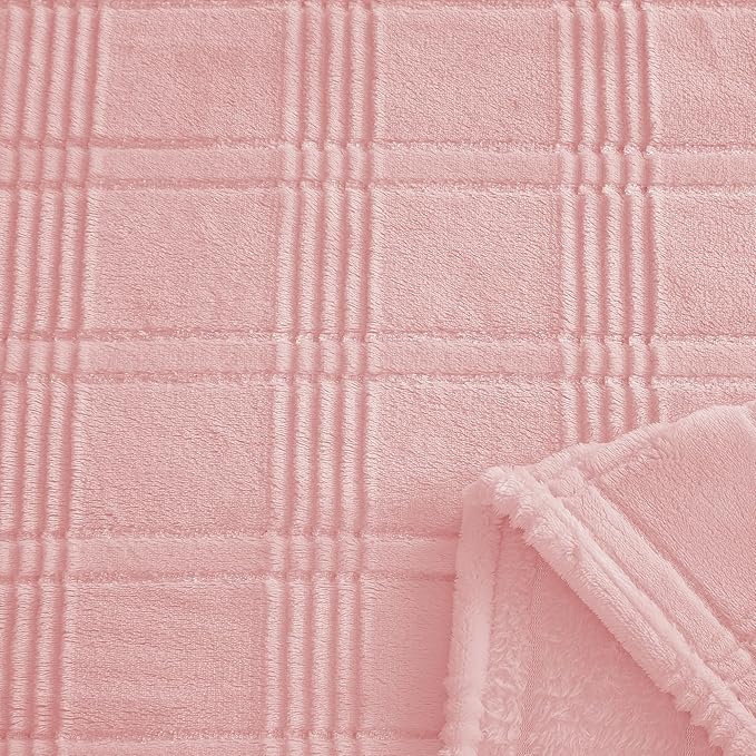 Super Soft Flannel Throw Blanket 50x60 Inches, Premium Checkered Jacquaed Silky Fleece Lightweight Bed Blanket All Season Use, Light Pink-1 Strip, 50"x60"