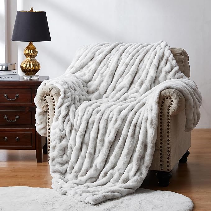 WDCOZY Ruched Faux Fur Throw Blanket Soft Cozy Fluffy Luxurious Blankets Couch Bed Sofa Chair Home Decor Warm Furry Fall Winter Plush Rabbit Fur Bubble Blanket 60" x 80", Grey