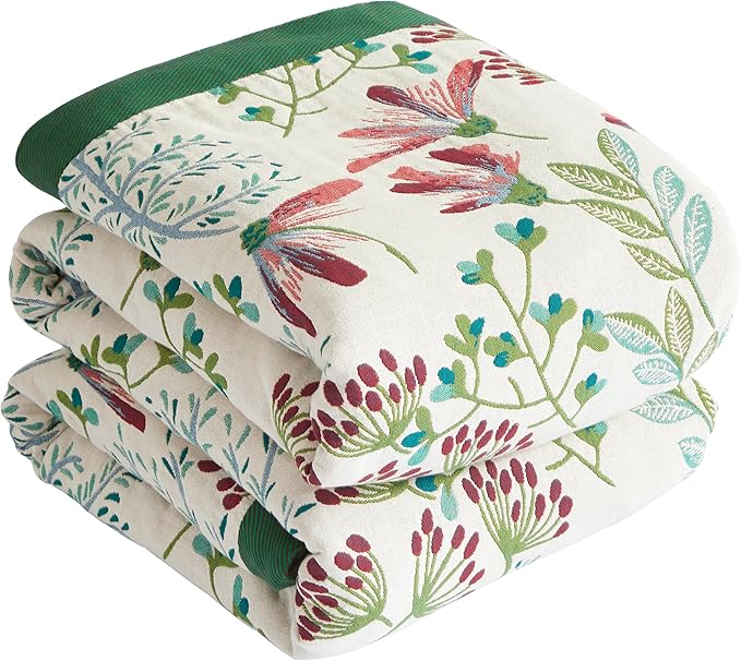 Boho Throw Blanket for Bed 90”x98”, 100% Cotton Woven Blanket for Couch Sofa, Ultra Soft 4-Layer Muslin Quilt with Floral Printed, Farmhouse Bed Blanket/Cover for Living Room Decor