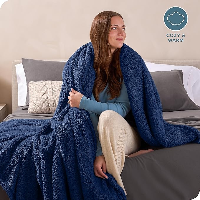 Bare Home Faux Shearling Blanket - King Size - Blanket for Bed, Sofa, Couch, Camping, Travel, and Gifts - Warm & Lightweight - Fluffy & Soft (King, Solid Dark Blue)