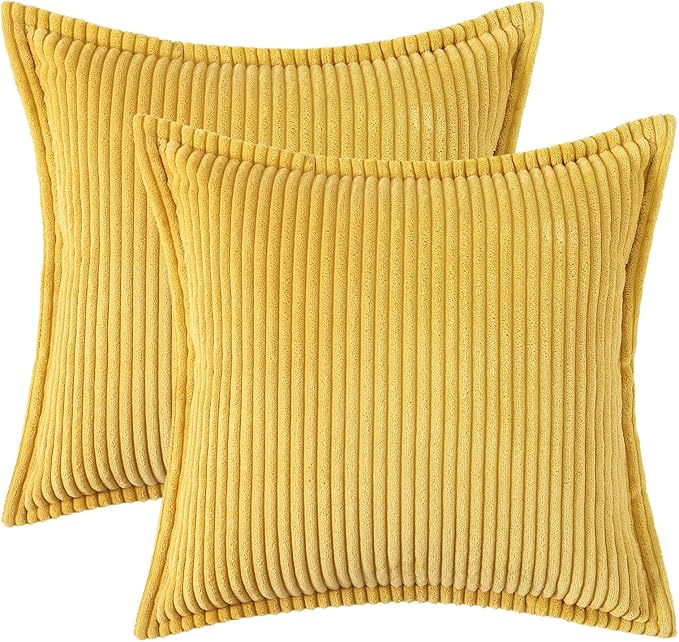 Mecatny Corduroy Throw Pillow Covers 16x16 Set of 2, Neutral Decorative Soft Boho Couch Pillow Covers with Broadside for Sofa Living Room, Mustard Yellow