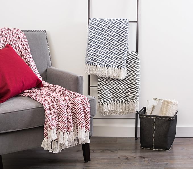 DII Modern Farmhouse Cotton Herringbone Blanket Throw with Fringe for Chair, Couch, Picnic, Camping, Beach, & Everyday Use, 50 x 60 - French Blue