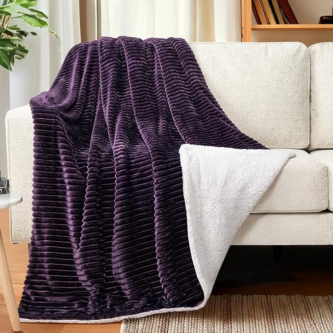 PAVILIA Dark Purple Sherpa Fleece Throw Blanket for Couch, Soft Plush Fuzzy Blankets, Fluffy Flannel Sherpa Blanket for Sofa, Warm 3D Ribbed Winter Blanket Gift, 50x60 inches