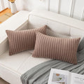 UGASA Fall Soft Velvet Stripe Decorative Lumbar Pillow Covers Set of 2 Solid Corduroy Textured Euro Oblong Cushion Cases for Couch Bedroom Sofa Farmhouse, 12x20 Inch, Light Brown