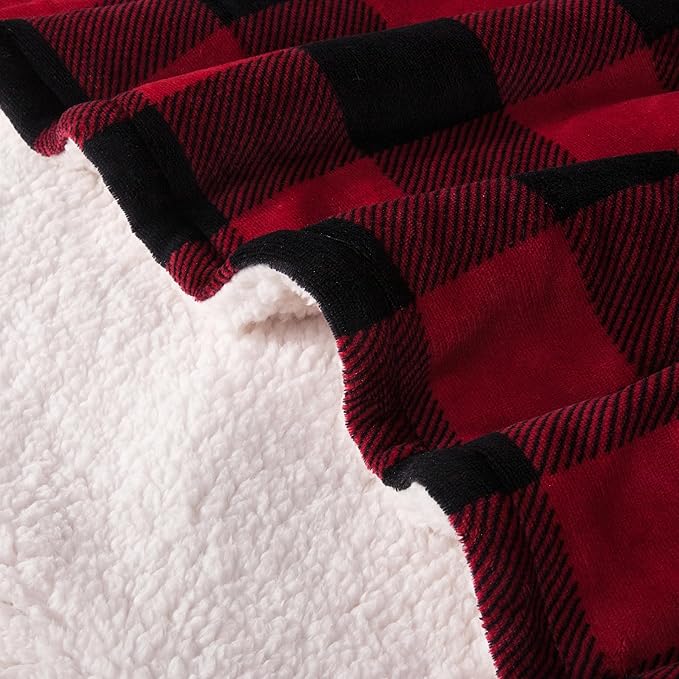 Elegant Comfort Luxury Ultra-Plush Velvet Touch Buffalo Plaid Fleece Throw - Soft, Warm, Cozy Micromink Sherpa-Backing Reversible Blanket for Bed, Sofa and Couch, Buffalo Burgundy
