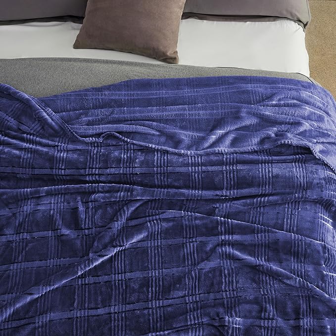 Super Soft Flannel Queen Blanket 90x90 Inches, Premium Checkered Jacquaed Silky Fleece Lightweight Bed Blanket All Season Use, Navy Blue Strip, 90"x90"