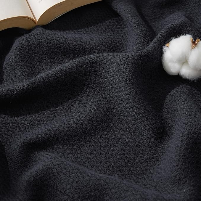 Bedsure GentleSoft 100% Cotton Blanket Twin XL Size for Bed - Breathable and Lightweight, Soft Cozy Textured Herringbone Woven Summer Blanket for College Dorm, Black, 66x90 inches
