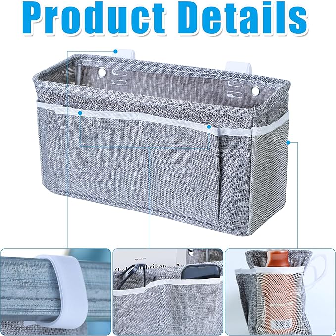 Bedside Caddy Bedside Storage Organizer, 2 Pack Wall Hanging Storage Bag for Bunk bed Hospital Beds Dorm Bed Rails, Holders Books Glasses Phones Magazine(Grey)
