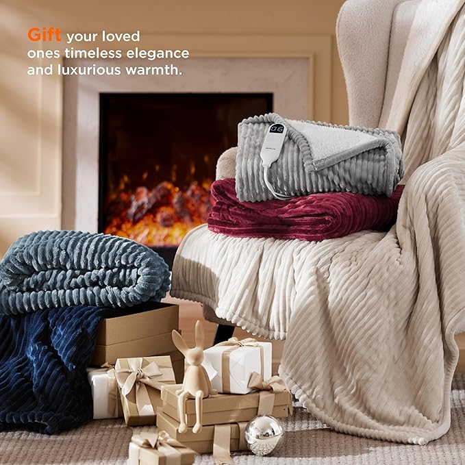 Bedsure GentleSoft Heated Blanket Electric Throw - Soft Ribbed Flannel Electric Blanket, Heating with 4 Time Settings, 6 Heat Settings, and 3 hrs Timer Auto Shut Off (50x60 inches, Light Grey)