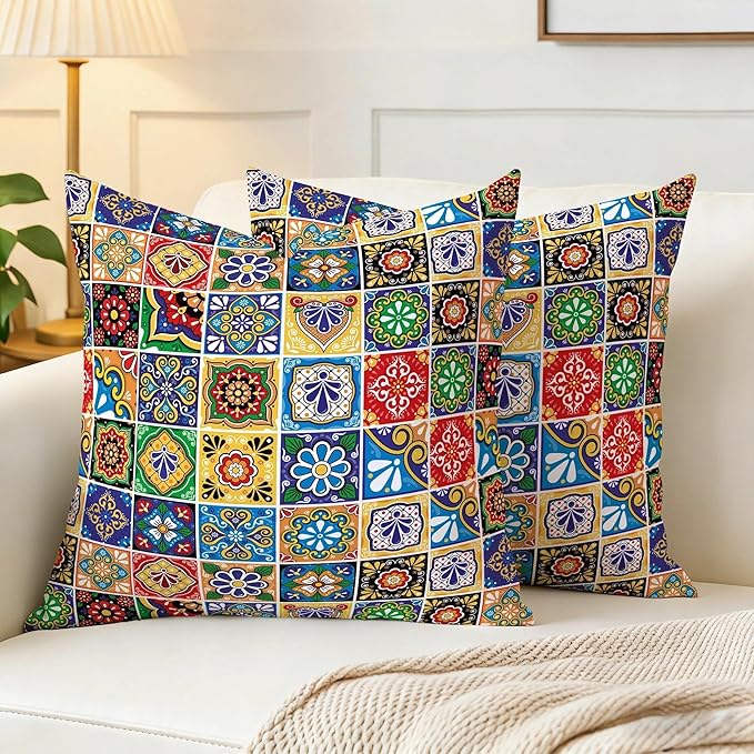 Mexican Talavera Tile Throw Pillow Covers 18x18 Set of 2, Colorful Boho Floral Pillowcases, Soft Square Cushion Covers for Couch Sofa Living Room Bedroom Farmhouse, Spring Easter Mexican Home Decor